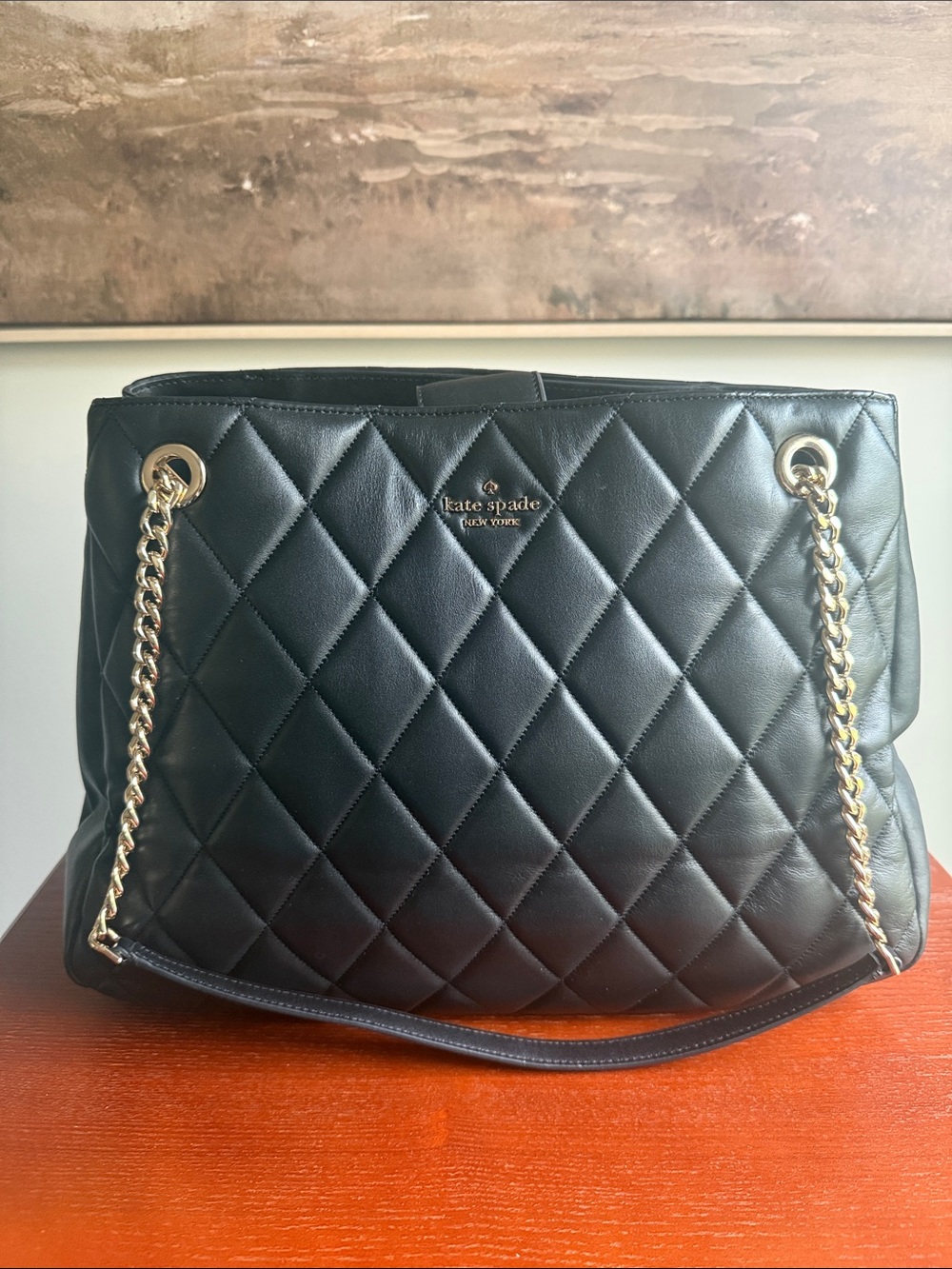 kate spade Black Quilted Leather Shoulder Bag with Gold Chain Handles